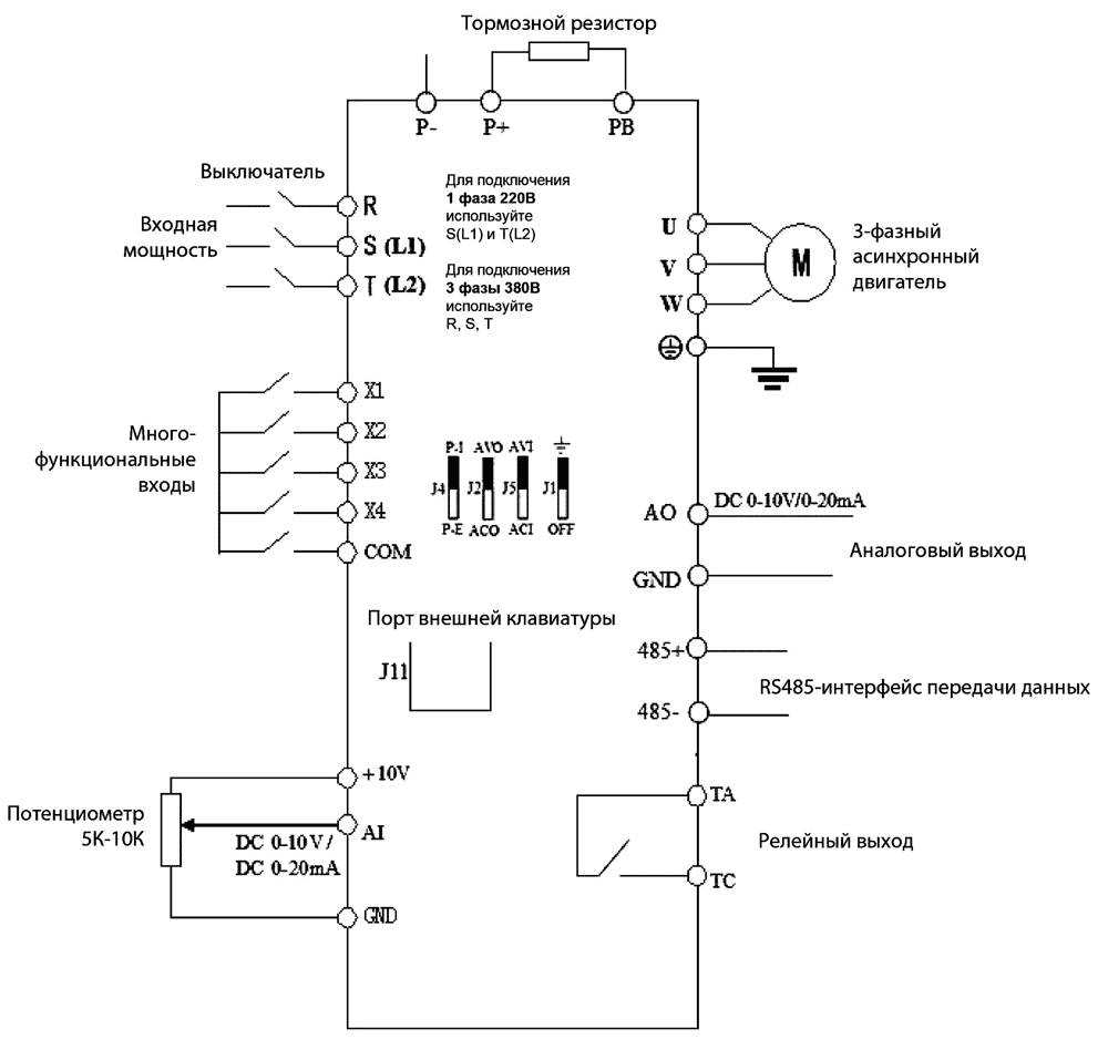 Схема подключения преобразователя BVM В100-BSD0.75KW 0.75 кВт