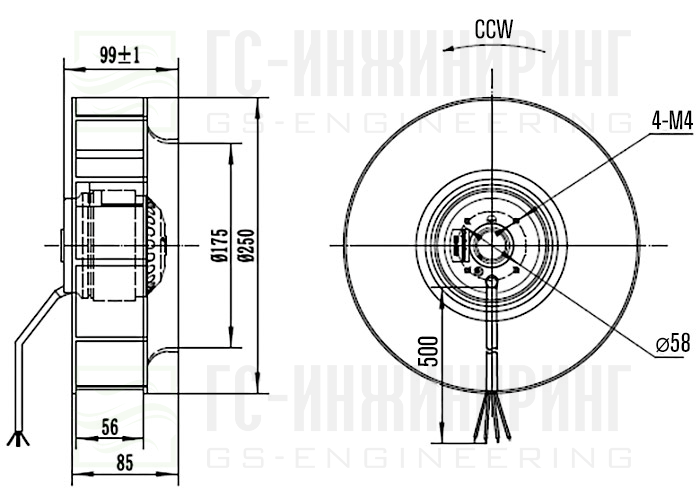 Габаритные размеры Мотор-колесо MES CF250B-2E-AC0